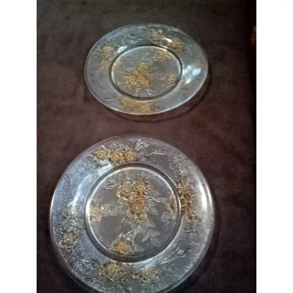 Vtg Rerverse Pressed Glass Plates~CLEAR with colored Flowers 8 1/4